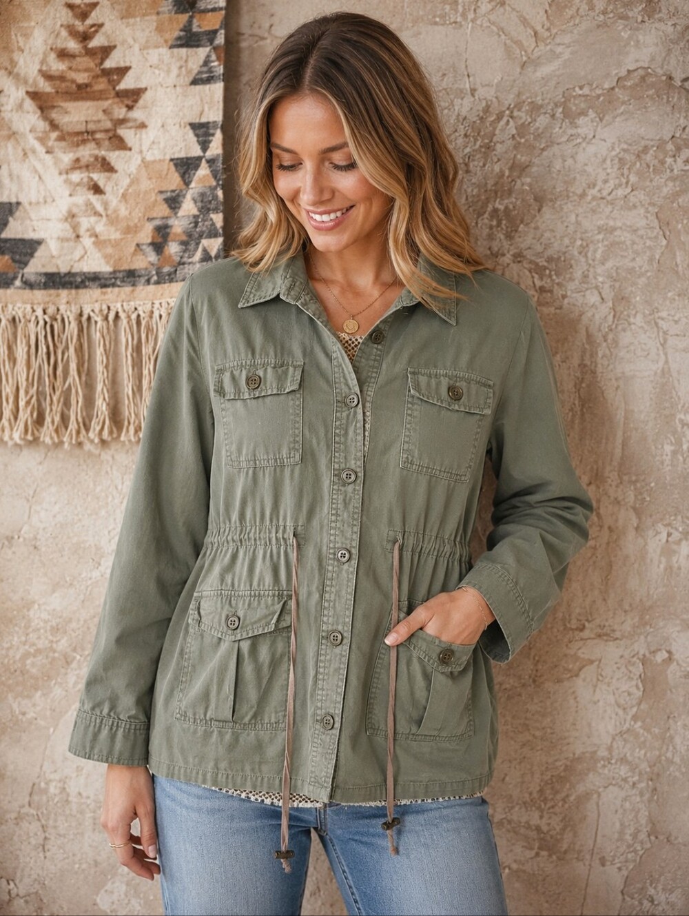 Mine Womens Military Utility Jacket M Olive Green Tribal Aztec BOHO Cargo Jacket